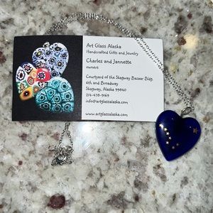 Handmade Glass Heart Pendant Necklace Blue With Stars, NWOT